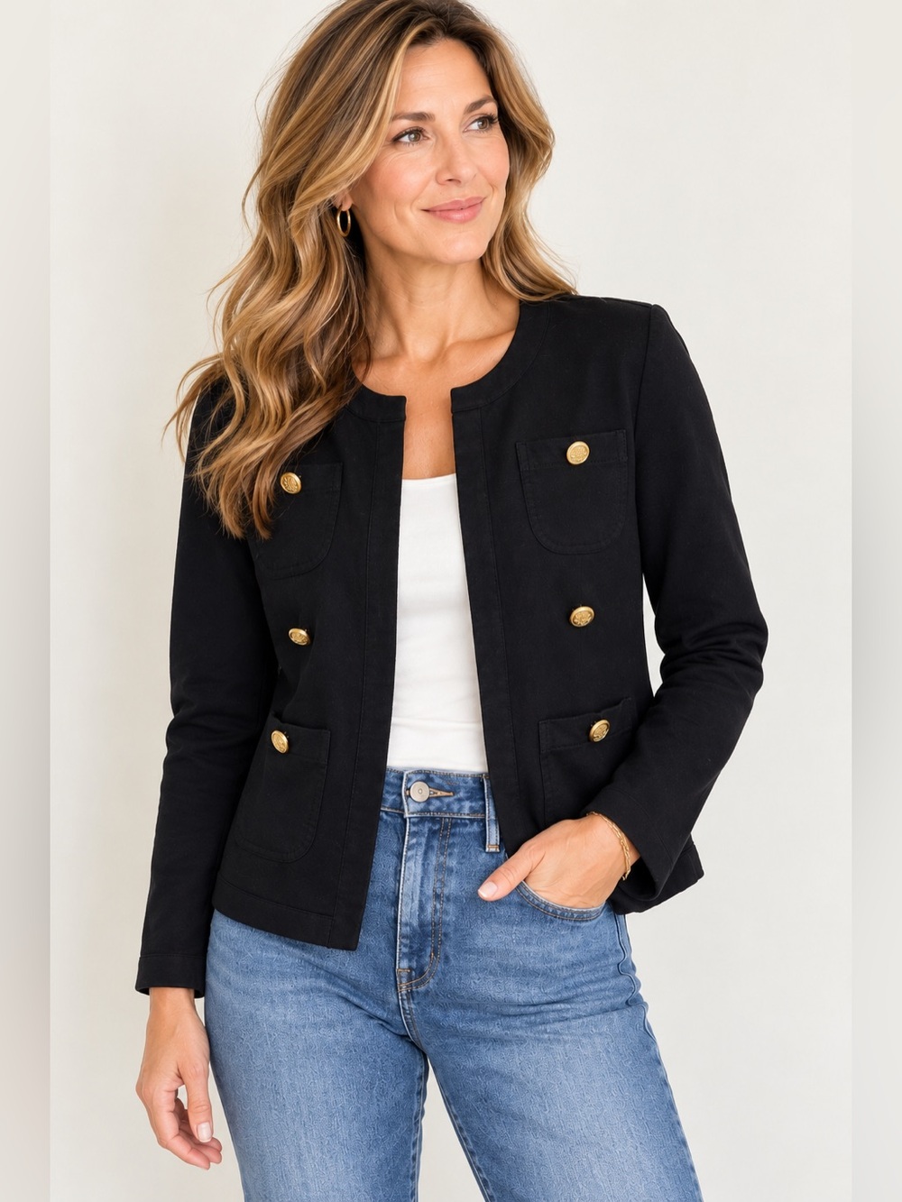 Tommy Hilfiger Black Collarless Blazer with Gold Buttons L